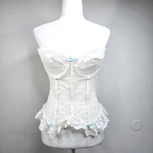 Vintage 80s Victorian White Boned Lace Unlined Corset Bustier Coquette Lingerie
